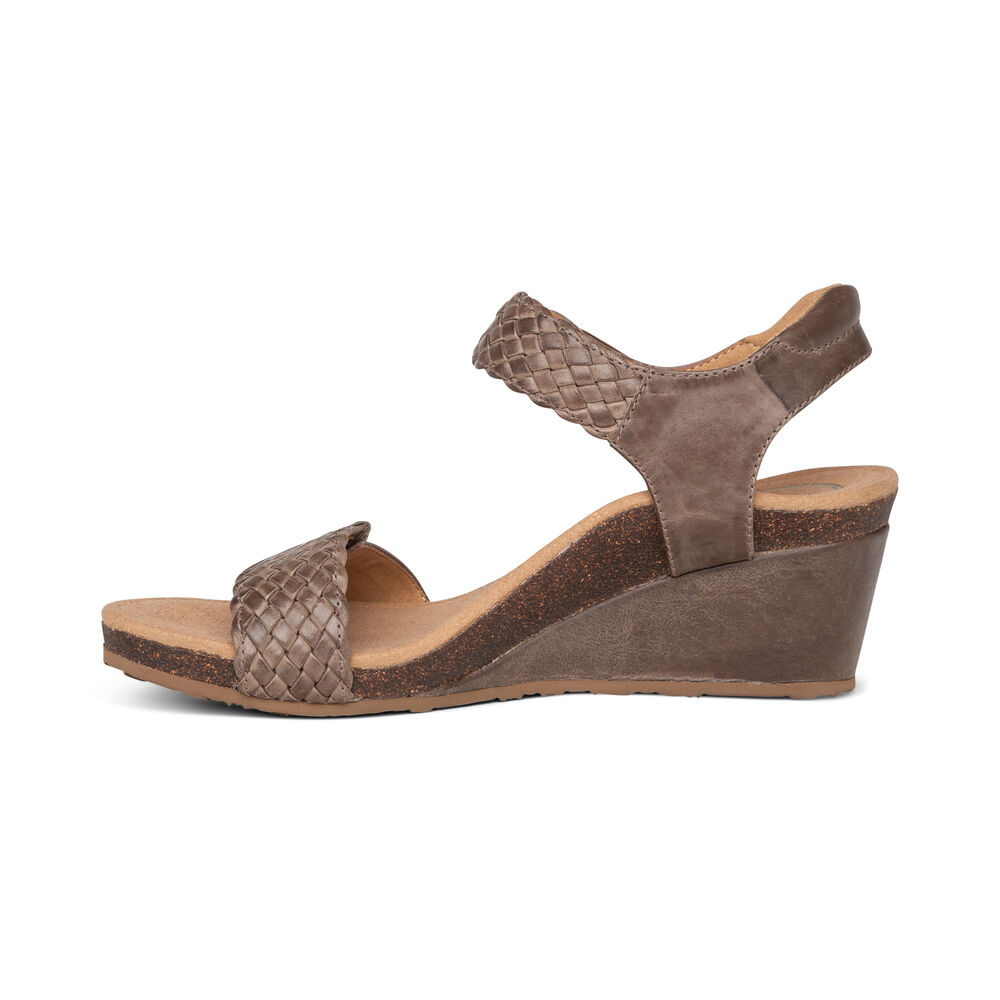 Aetrex Women's Grace Adjustable Woven Wedge Sandals - Taupe | USA O34CU9V